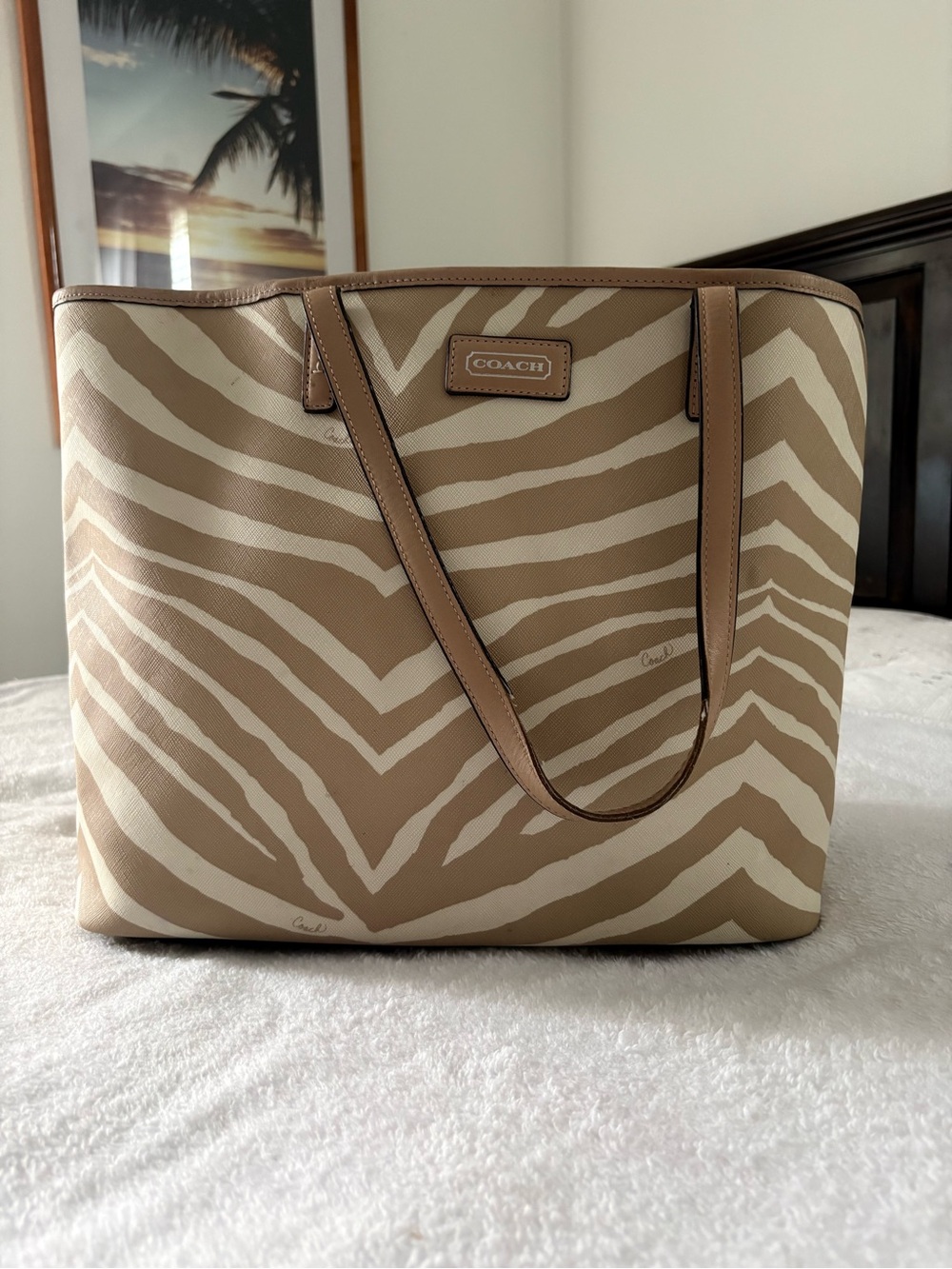 COACH Beige and Cream Zebra Print Leather Tote